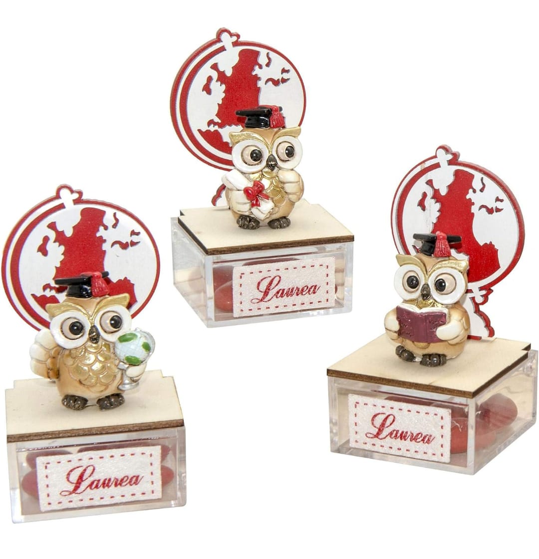 20 Scatoline Portaconfetti A Forma Di Gufo Rosso – Cartone Pieghevole Per Bomboniere Laurea, 6x4x9,3 Cm