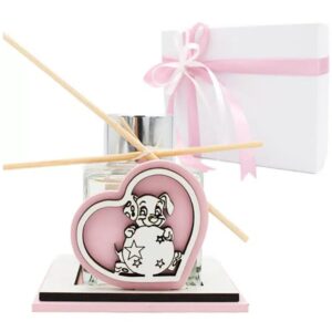 BOMBONIERA ECONOMICA ELEGANTE  PROFUMATORE  CUORE CON CAGNOLINO PER BATTESIMO BAMBINA