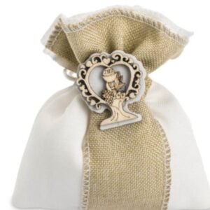 BOMBONIERA SACCHETTINI PORTACONFETTI IN JUTA CON ALBERO DELLA VITA E SIMBOLO COMUNIONE