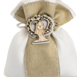 BOMBONIERA SACCHETTINI PORTACONFETTI IN JUTA CON APPLICAZIONE ALBERO DELLA VITA SIMBOLO CRESIMA