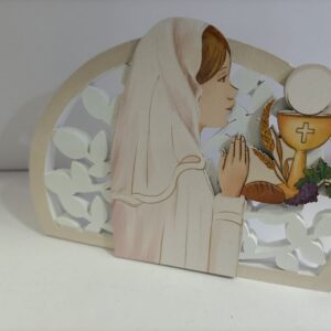 Bomboniera QUADRETTO RESINA E LEGNO DIPINTO CON BAMBINA E SIMBOLI COMUNIONE BOMBONIERE ECONOMICHE