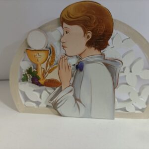 QUADRETTO RESINA E LEGNO DIPINTO CON BAMBINO  COMUNIONE BOMBONIERE ECONOMICHE