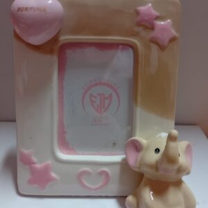 Portafoto Elefantino in ceramica Rosa Battesimo Nascita Portafoto 10,4xh 13 cm set 2 pz