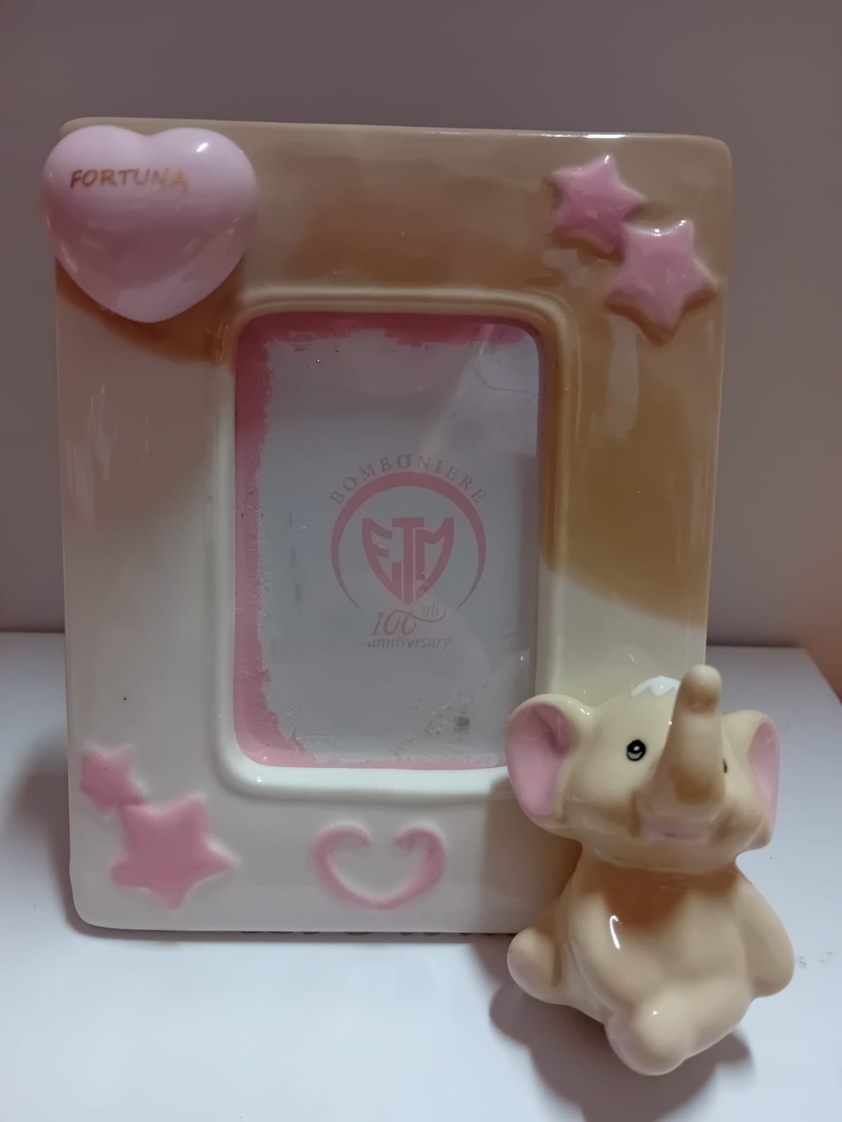 Portafoto Elefantino in ceramica Rosa Battesimo Nascita Portafoto 10,4xh 13 cm set 2 pz
