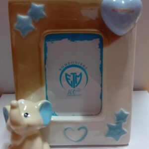 Portafoto Elefantino in ceramica CELESTE Battesimo Nascita Portafoto 10,4xh 13 cm set 2 pz