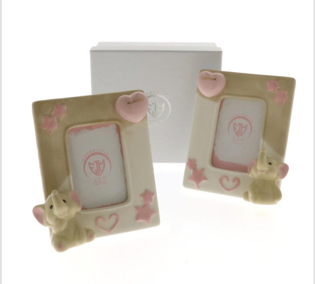 Portafoto Elefantino in ceramica Rosa Battesimo Nascita Portafoto 10,4xh 13 cm set 2 pz - immagine 2