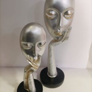 Statuetta  argentata con dettagli dorati e base nera figura decorativa Volto MEDIO H 28