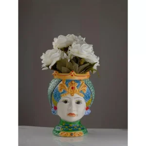 Teste di Moro UOMO e DONNA MULTICOLOR  figura decorativa portavaso in ceramica Siciliano cm 25 ( COPPIA)