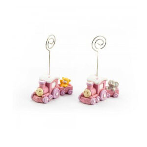 Bomboniera battesimo memo clip segnaposto trenino rosa 2 ASSORTITI cm. 3X7,5X11