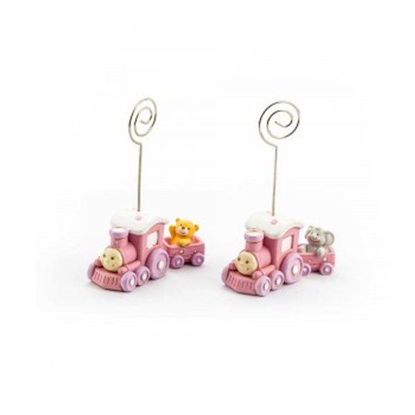 Bomboniera battesimo memo clip segnaposto trenino rosa 2 ASSORTITI cm. 3X7,5X11