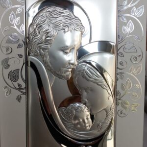 Sacra Famiglia su legno bianco CON ALBERO VITA