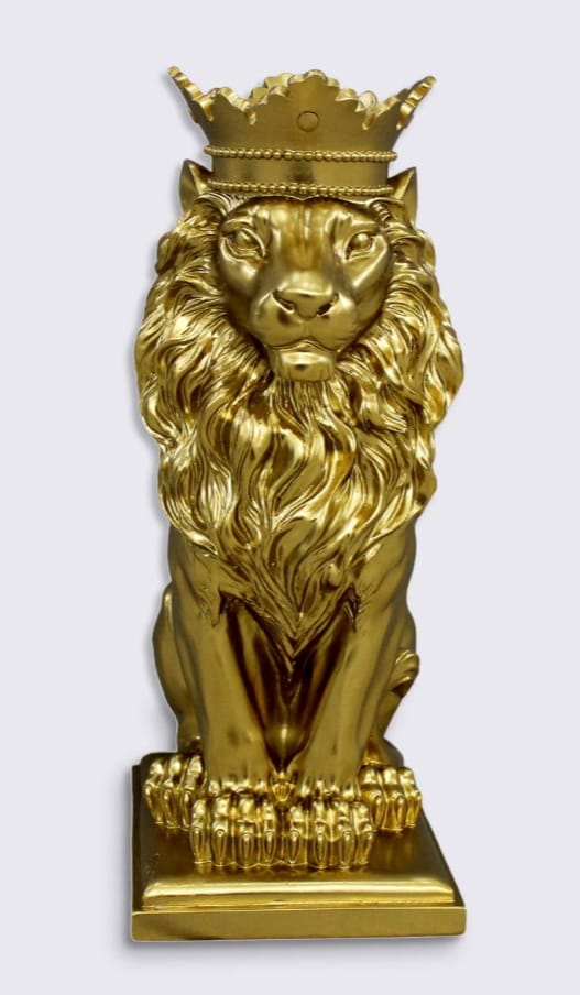 Statua Leone seduto oro con corona dorata statuetta animale figura decorativa stile Art Déco modero