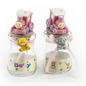 Bomboniera portaconfetti barattolino trenino baby rosa diam. 5,2 cm X H 12 cm