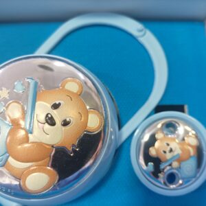Porta ciuccio e pinza orsetto  azzurro in argento 925