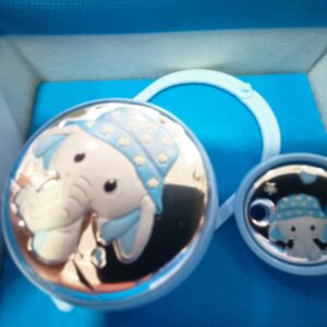 Porta ciuccio e pinza elefante azzurro in argento