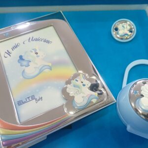 Set cornice porta ciuccio e pinza unicorno celeste