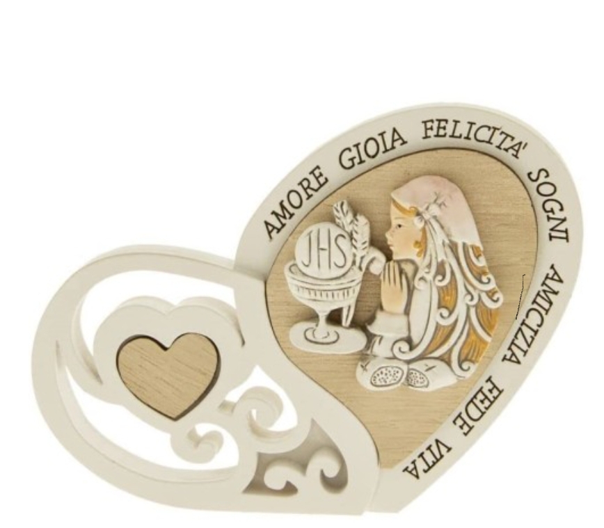 Bomboniera Decorazione Icona Cuore Comunione Ragazza resina Legno h 12 cm art 04A134