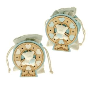 Sacchetto Porta Confetti Celeste in tessuto ed inserto Giostra legno con Orsetto Gesso h 8 cm