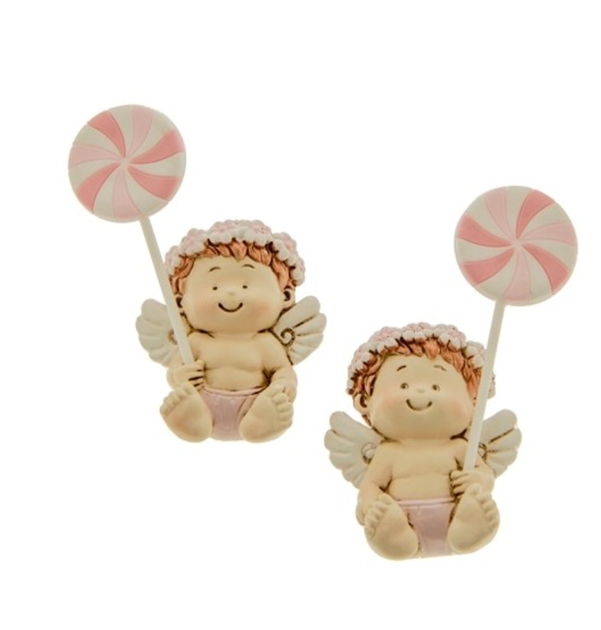 Bomboniera decorazione Calamita magnete Angelo seduto con GIRELLA ROSA in resina Battesimo Nascita h 7,5cm