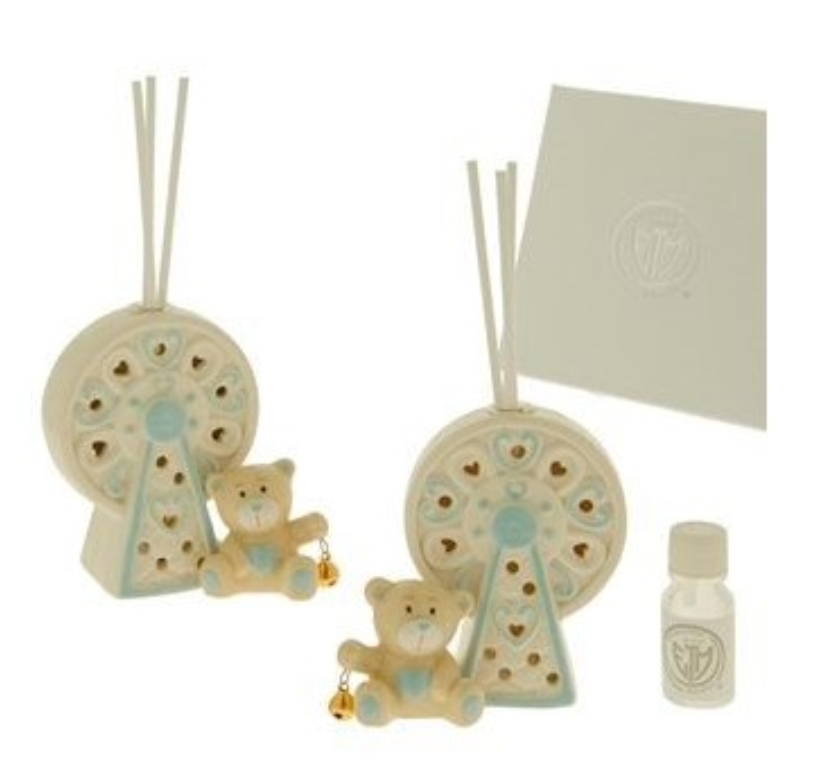 Bomboniera Diffusore ruota panoramica Orsetto in porcellana BEIGE e CELESTE Battesimo Nascita h 10 cm 2 assortiti art 03a019