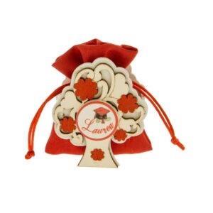 Sacchetto in Cotone Rosso porta confetti con inserto albero della vita in Legno art SC576