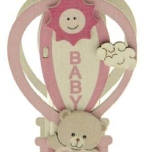 Bomboniera Fiala provetta vetro confetti inserto Mongolfiera Orsetto legno Rosa Battesimo Nascita h 9,5