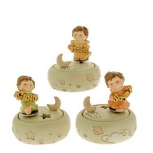 Bomboniera decorazione CARILLON angeli in resina Colorata con scritte idea Battesimo Nascita Dm 9 x h 9 cm 3 assortiti