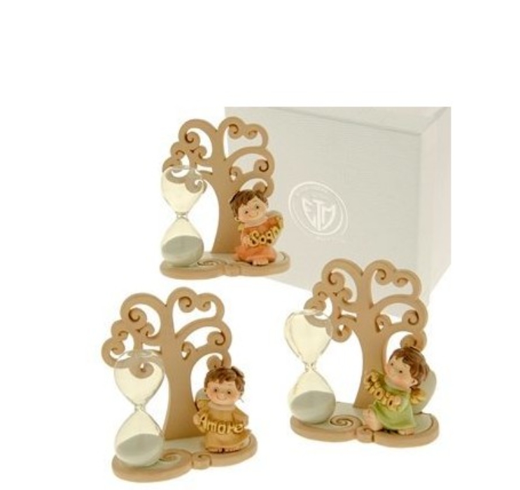 Bomboniera decorazione CLESSIDRA vetro con angeli in resina Colorata con scritte idea Battesimo Nascita h 10 cm 3 assortiti