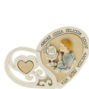 Bomboniera Decorazione Icona Cuore Comunione Ragazzo resina Legno h 12 cm art 04A133