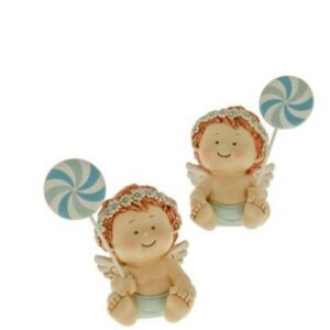 Bomboniera decorazione Angelo SALVADANAIO seduto con GIRELLA CELESTE in resina Battesimo Nascita h 14 cm 2 assortiti