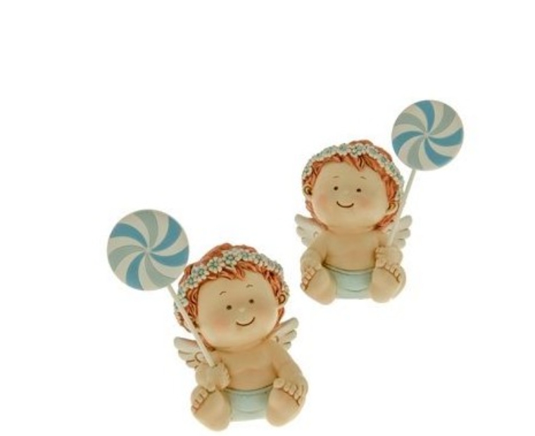 Bomboniera decorazione Angelo SALVADANAIO seduto con GIRELLA CELESTE in resina Battesimo Nascita h 14 cm 2 assortiti
