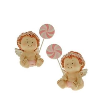 Bomboniera decorazione Angelo seduto con GIRELLA ROSA in resina Battesimo Nascita h 14 cm 2 assortiti