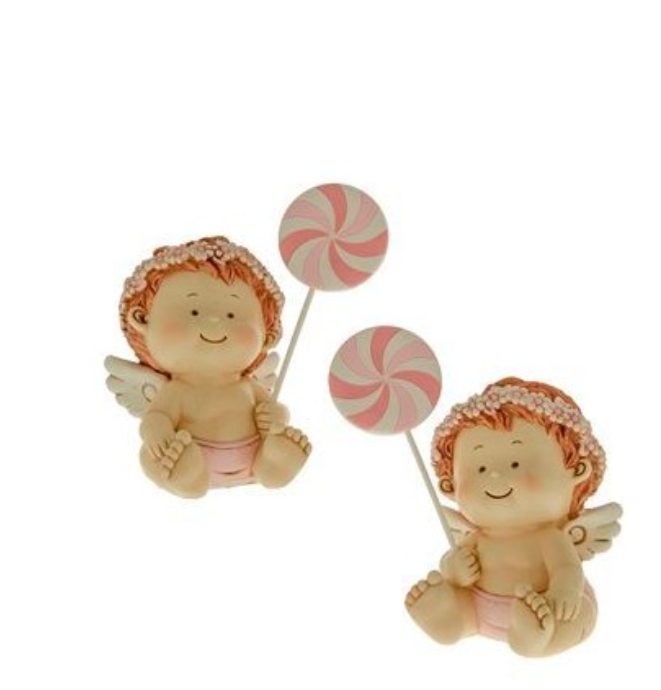 Bomboniera decorazione Angelo seduto con GIRELLA ROSA in resina Battesimo Nascita h 14 cm 2 assortiti