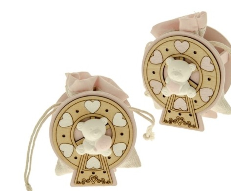 Sacchetto Porta Confetti Rosa in tessuto ed inserto Giostra legno con Orsetto Gesso h 8 cm