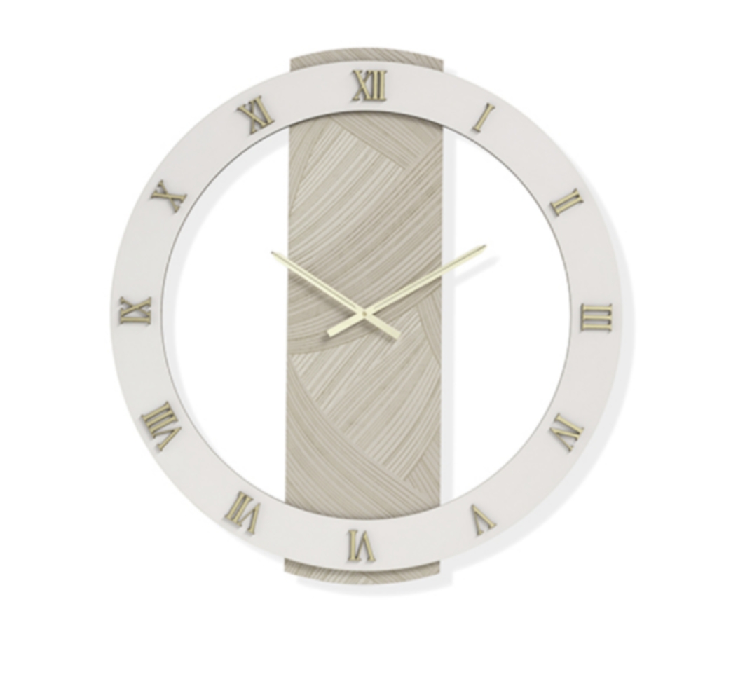 Orologio SCOTT rotondo D 80 cm in legno rivestito con parato e dettagli Oro