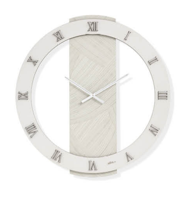 Orologio cripto rotondo D 80 cm in legno rivestito con parato e dettagli argento