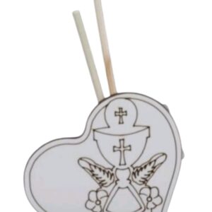 MINI PROFUMATORE A CUORE CON SIMBOLI SACRI PRIMA COMUNIONE BAMBINO BAMBINA