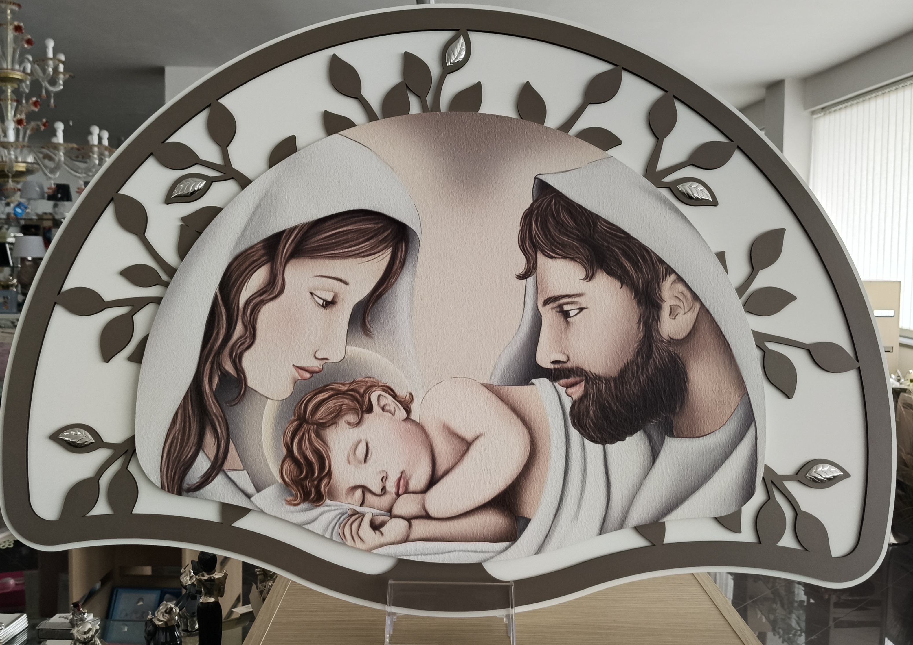 Quadro sacra famiglia albero sagomato 100x60 cm