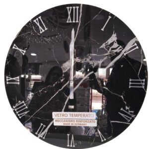 Orologio effetto marmo nero e argento in vetro temperato 60cm