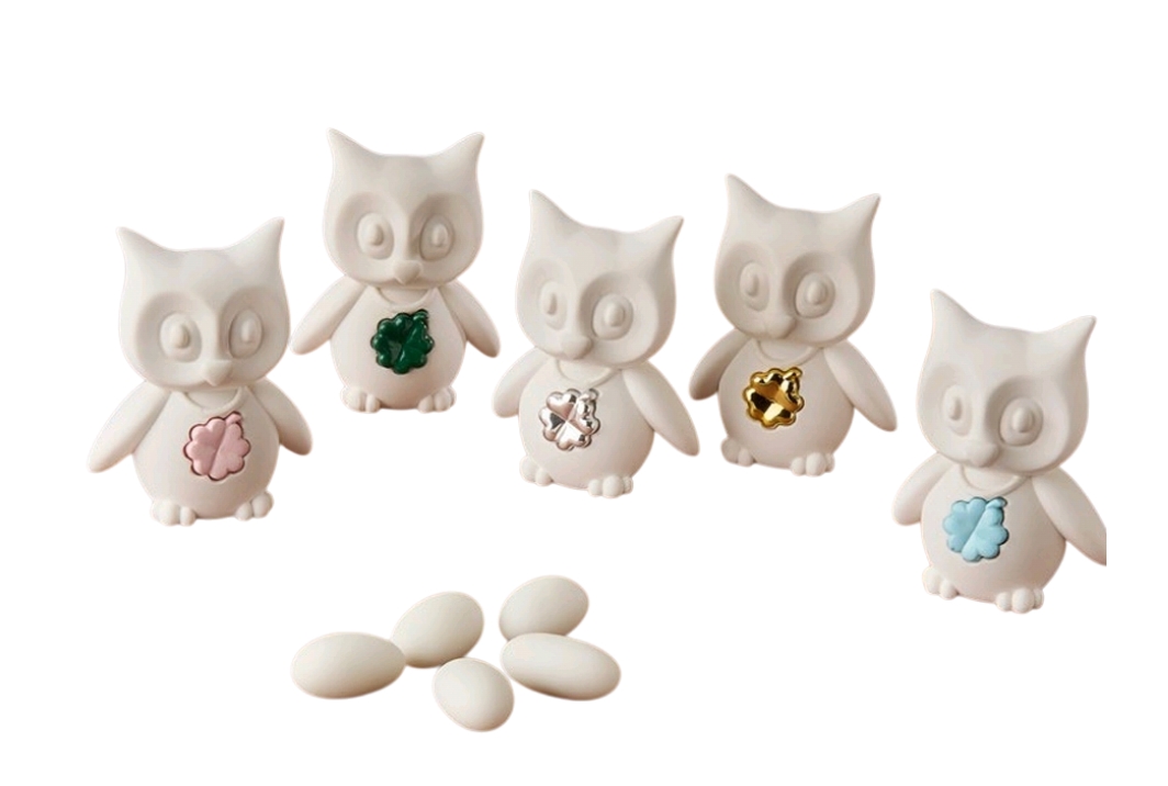 Gufo bianco con quadrifoglio bomboniera h7.5 cm